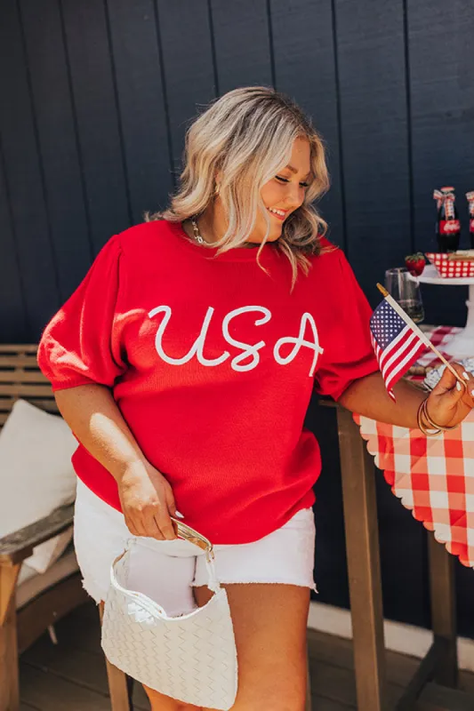 USA Knit Sweater Top in Red Curves sold by Impressions