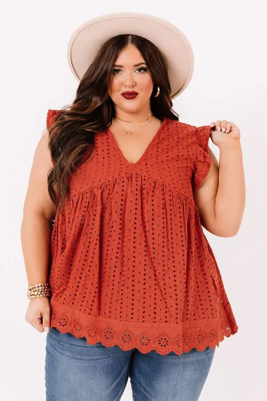 Sugar Pie Babydoll Eyelet Top In Rust Curves sold by Impressions
