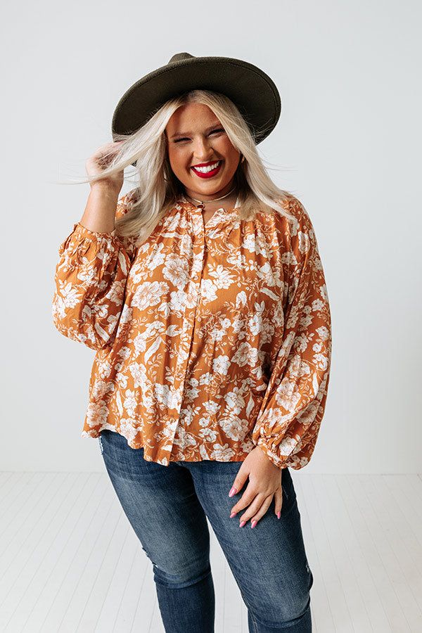 In Harmony Floral Shift Top in Light Rust Curves sold by Impressions