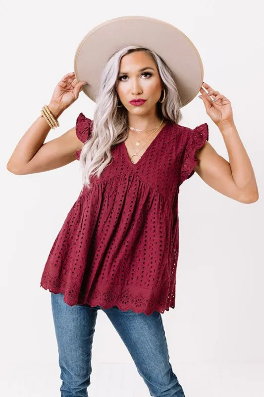 Sugar Pie Babydoll Eyelet Top In Wine sold by Impressions