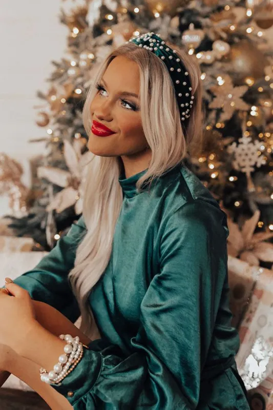 Sweet Pearl Velvet Headband In Hunter Green sold by Impressions