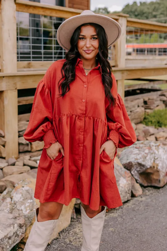 Cafe Patio Button Down Mini Dress in Dark Rust sold by Impressions