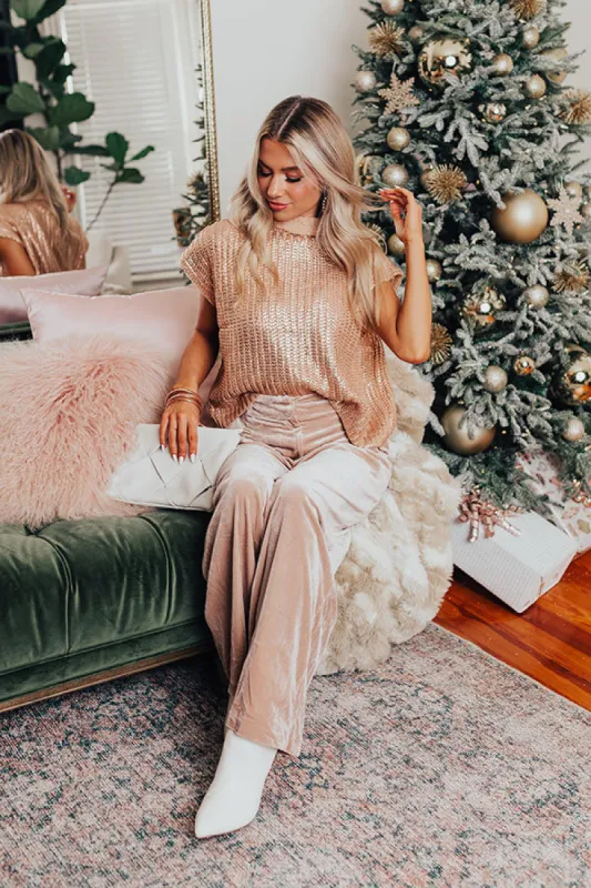 Wine Tasting Metallic Sweater Top in Rose Gold sold by Impressions