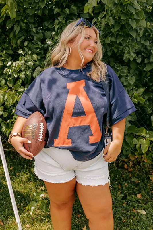 School Pride A Embroidered Short Sleeve Sweatshirt in Navy Curves sold by Impressions