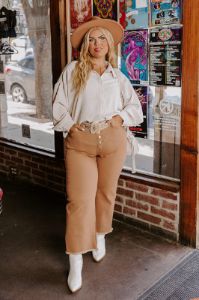The McKenzie High Waist Jean In Camel Curves sold by Impressions