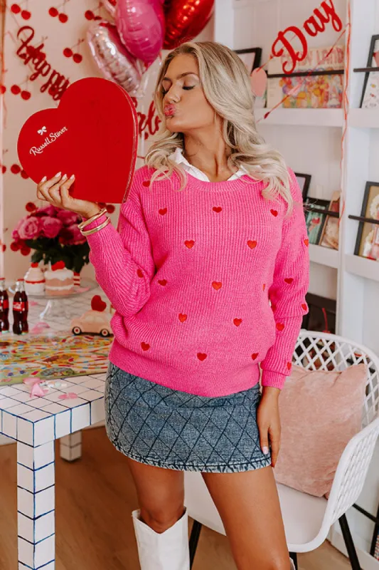 Candy Heart Conversations Embroidered Sweater in Hot Pink sold by Impressions