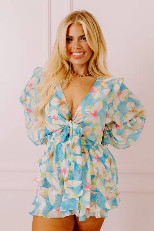 Tropical Vacay Front Tie Romper in Blue Curves sold by Impressions