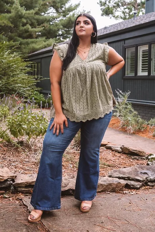 Sugar Pie Babydoll Eyelet Top In Sage Curves sold by Impressions