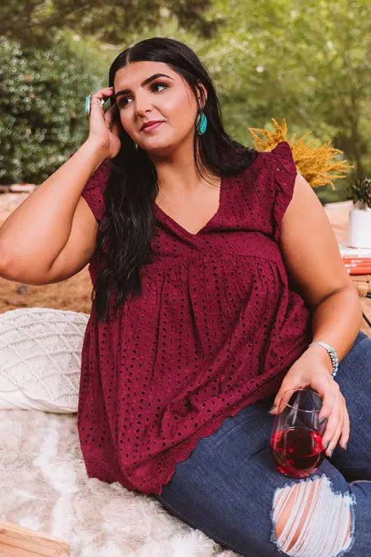Sugar Pie Babydoll Eyelet Top In Wine Curves sold by Impressions