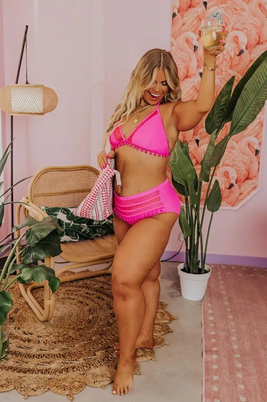 Cozumel Adventure High Waist Pom Bikini Bottom in Hot Pink Curves sold by Impressions