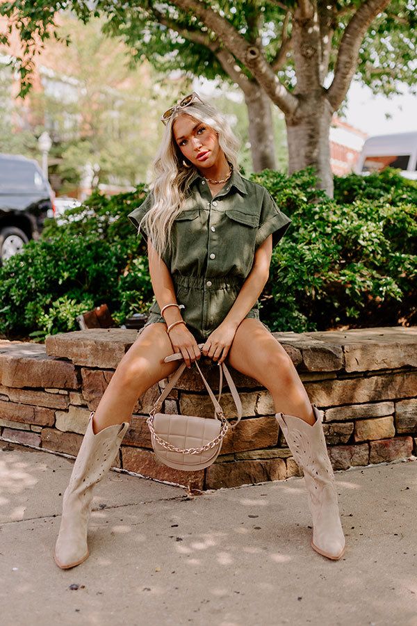 The Juni Distressed Denim Romper in Army Green sold by Impressions product image thumbnail 5