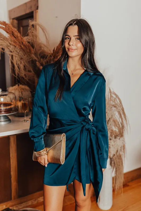 Hampton Wrap Satin Dress In Teal sold by Impressions