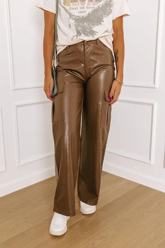 The Jamilet Faux Leather Cargo Pants In Brown sold by Impressions