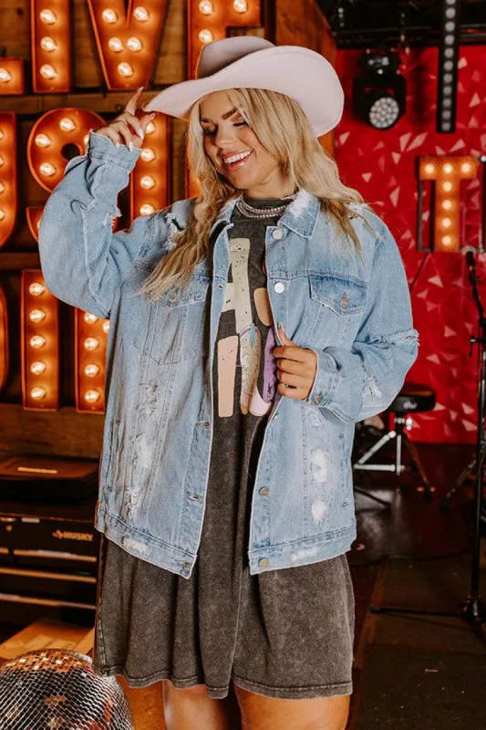 South Town Distressed Denim Jacket in Light Wash Curves sold by Impressions