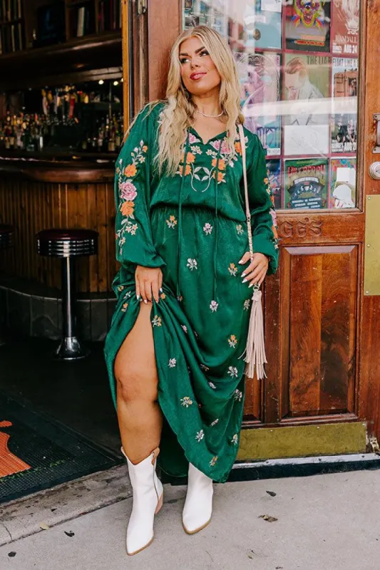 Whispering Sweet Nothings Embroidered Maxi In Hunter Green Curves sold by Impressions