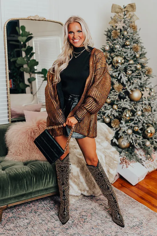 Toasty Times Metallic Knit Cardigan In Copper sold by Impressions