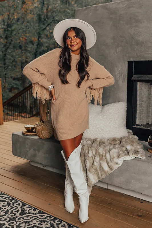 Fall Latte Fringe Sweater Dress in Iced Latte sold by Impressions