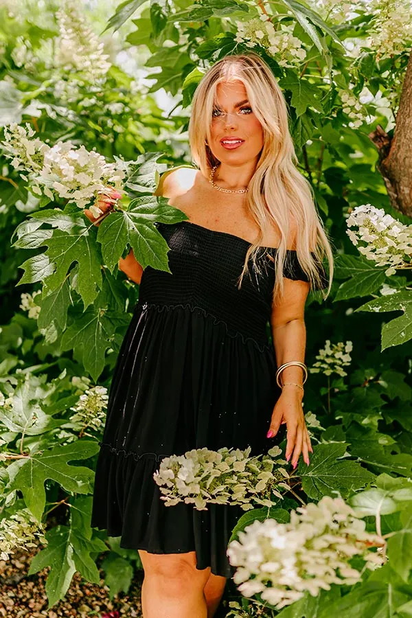 Trip to Barcelona Smocked Mini Dress in Black Curves sold by Impressions