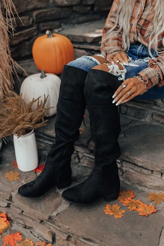 The Victoria Faux Suede Thigh High Boot In Black sold by Impressions