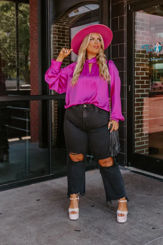 VIP Flight Plans Satin Top in Fuchsia Curves sold by Impressions