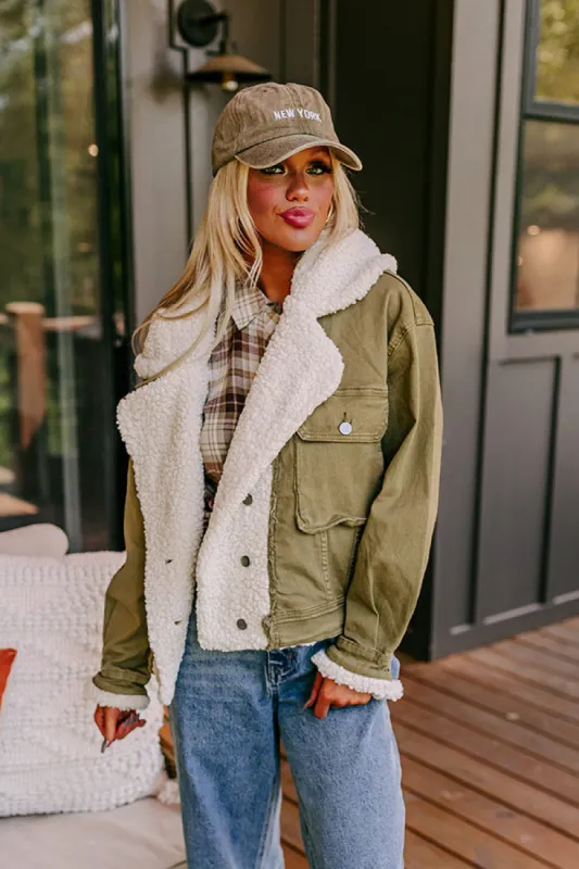 Layer Lover Sherpa Denim Jacket in Olive sold by Impressions