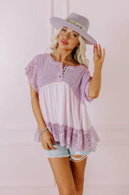 Springtime Sips Lace Babydoll Top In Lavender sold by Impressions