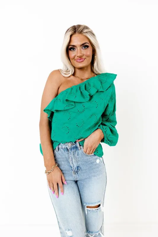 Serving Up Sangria Eyelet Top In Emerald sold by Impressions