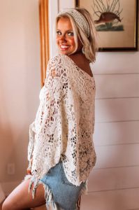 Sail The Day Away Front Tie Crochet Top in Cream sold by Impressions
