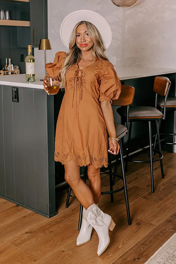 Chic Feeling Embroidered Mini Dress in Camel sold by Impressions