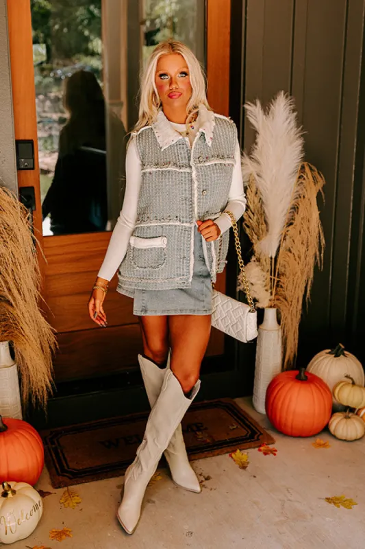 Denver Dreams Pearl Embellished Denim Vest in Light Wash sold by Impressions