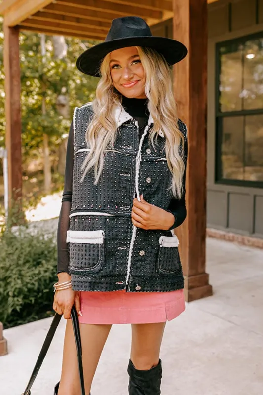 Denver Dreams Pearl Embellished Denim Vest in Black sold by Impressions
