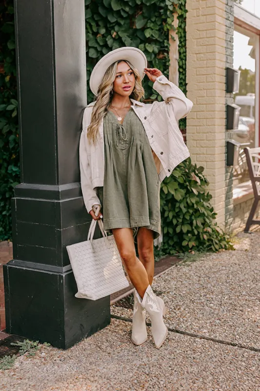 Bae Watch Denim Romper in Olive sold by Impressions