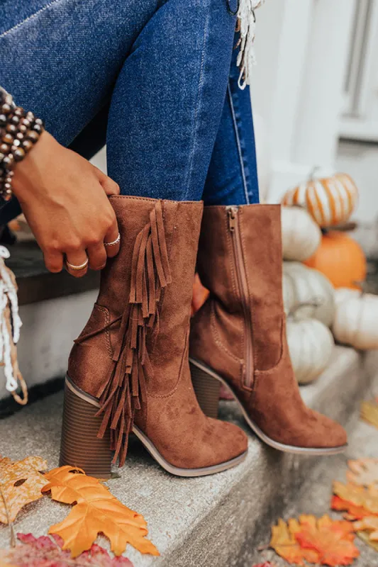 The Silverado Faux Suede Fringe Boot In Chocolate sold by Impressions