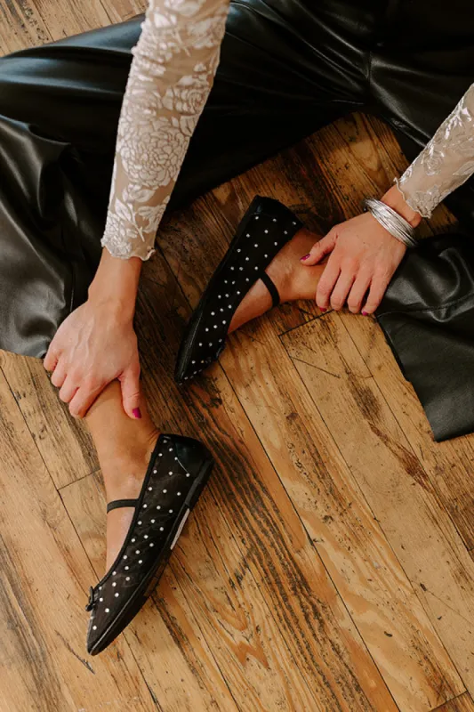 The Ariel Rhinestone Embellished Flat in Black sold by Impressions