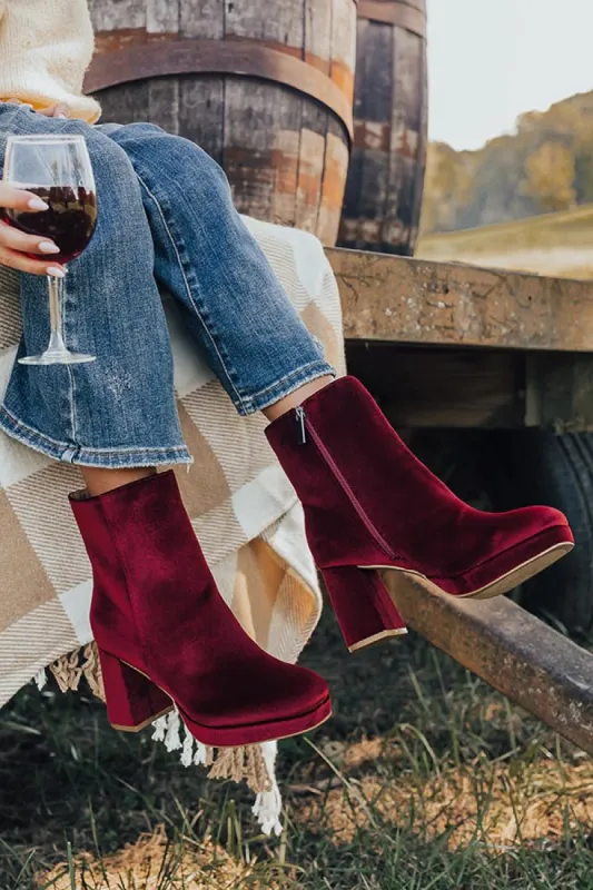 The Slug Bug Velvet Bootie in Dark Scarlet sold by Impressions