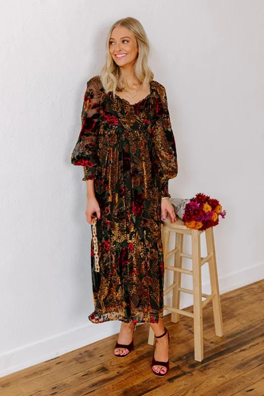 Harvest Garden Velvet Burnout Midi in Black sold by Impressions