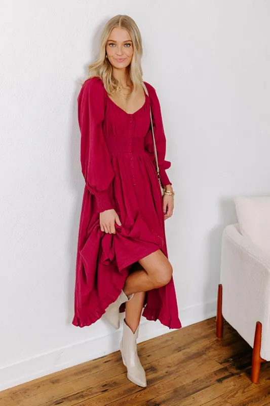 Sunset Views Button Down Midi in Wine sold by Impressions