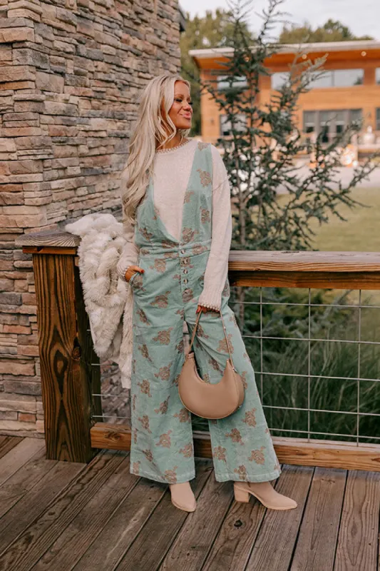 Soho Sleek Embroidered Corduroy Jumpsuit in Mint sold by Impressions
