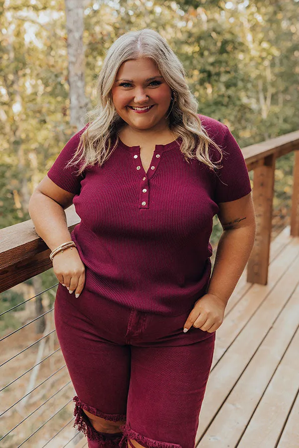 Cafe Hangout Ribbed Henley Top in Merlot Curves sold by Impressions