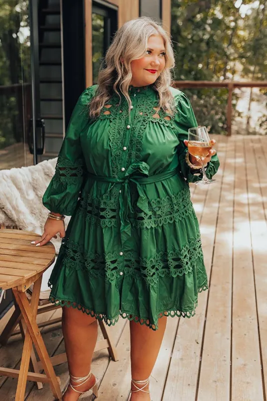 Candlelight Dinner Crochet Mini Dress in Hunter Green Curves sold by Impressions
