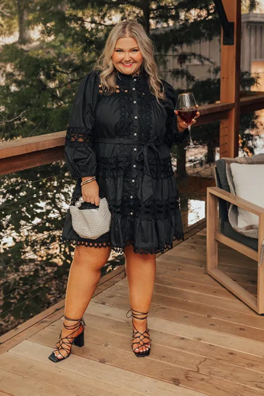 Candlelight Dinner Crochet Mini Dress in Black Curves sold by Impressions