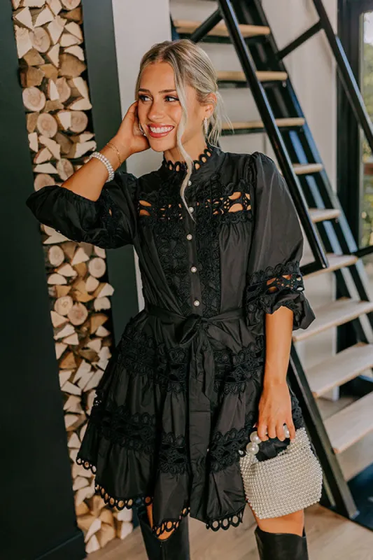 Candlelight Dinner Crochet Mini Dress in Black sold by Impressions