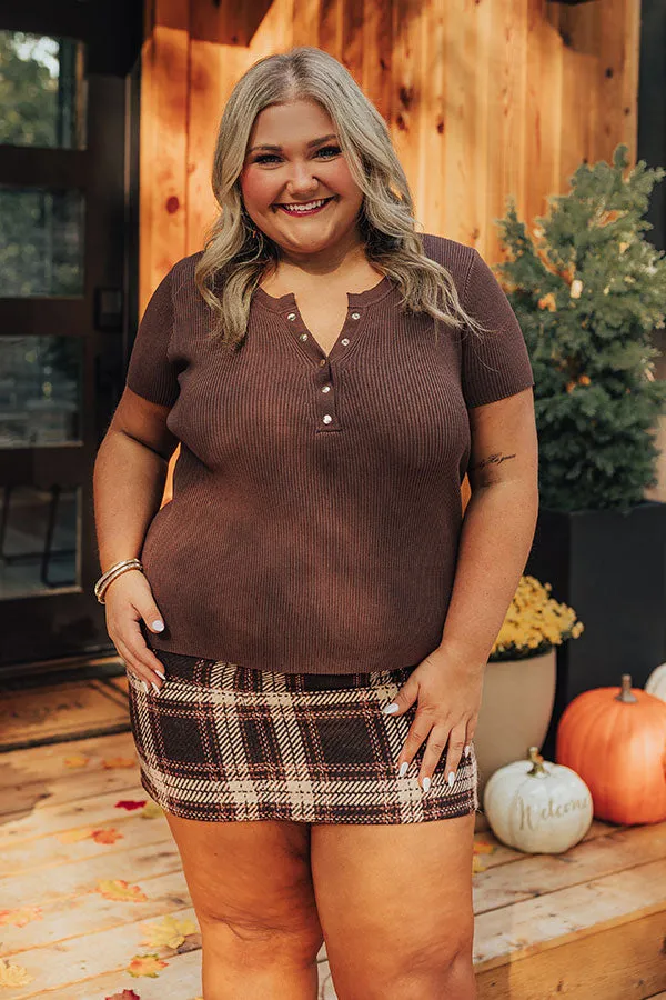Cafe Hangout Ribbed Henley Top in Chestnut Curves sold by Impressions