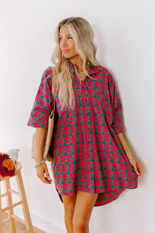 Cider Sippin' Oversized Plaid Mini Dress in Pink sold by Impressions
