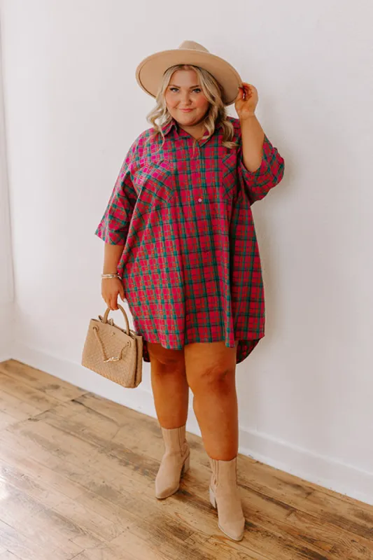 Cider Sippin' Oversized Plaid Mini Dress in Pink Curves sold by Impressions