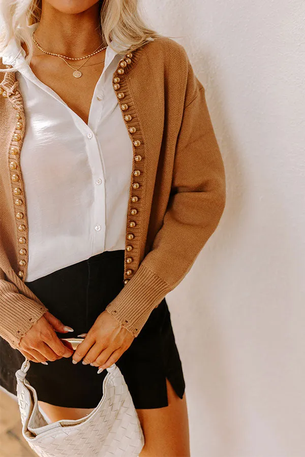 Cue The Chic Pearl Embellished Cardigan in Camel sold by Impressions product image thumbnail 4