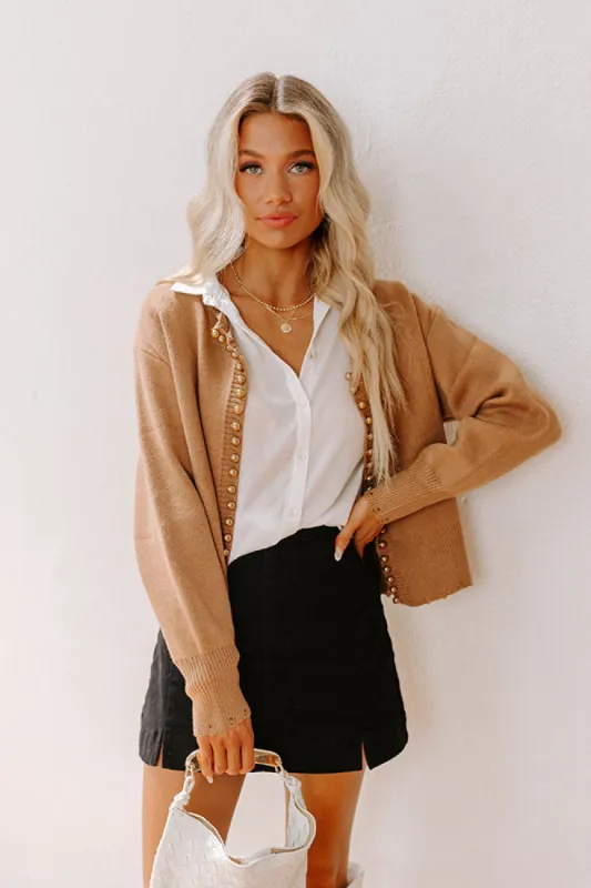 Cue The Chic Pearl Embellished Cardigan in Camel sold by Impressions
