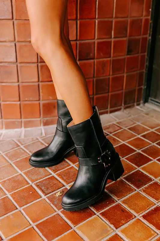 The Ember Faux Leather Moto Boot in Black sold by Impressions