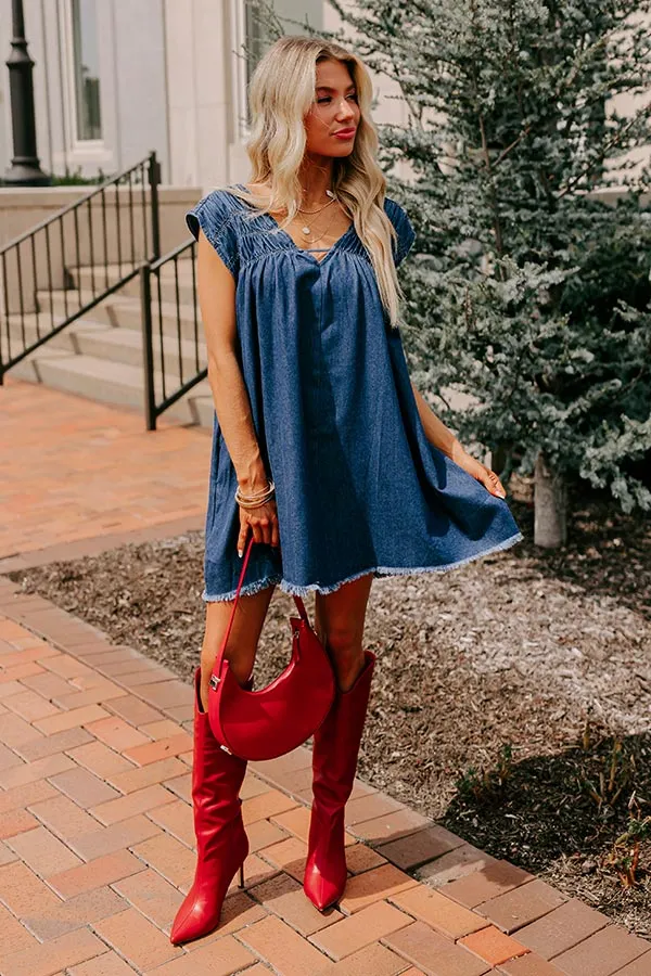 Hayride Honey Denim Mini Dress in Dark Wash sold by Impressions