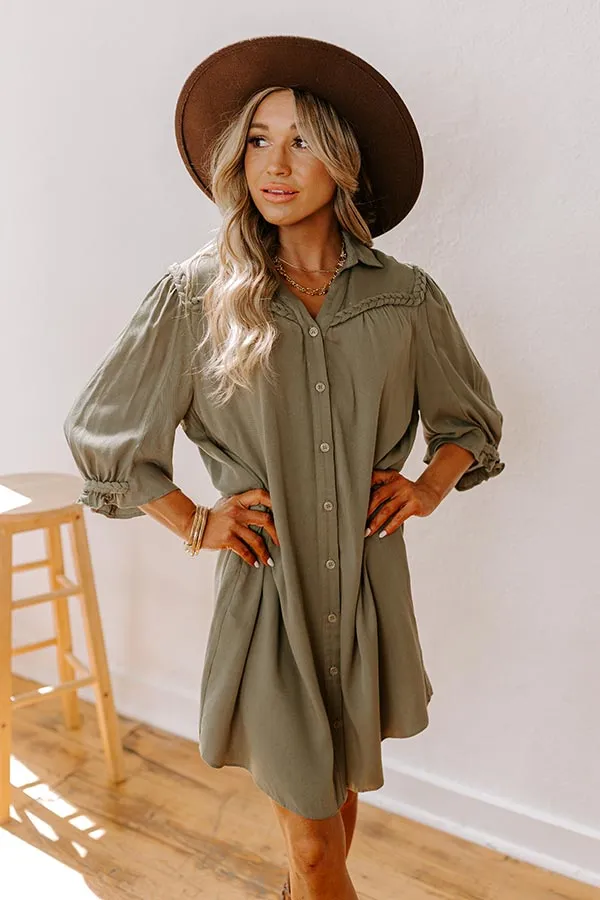 Falling Leaves Button Down Mini Dress in Olive sold by Impressions
